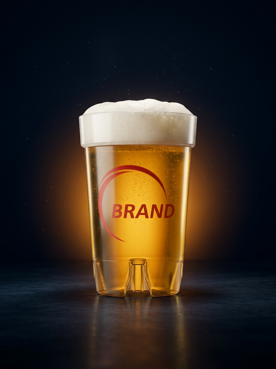 Branded Interlockcup pint of beer glowing on a dark background